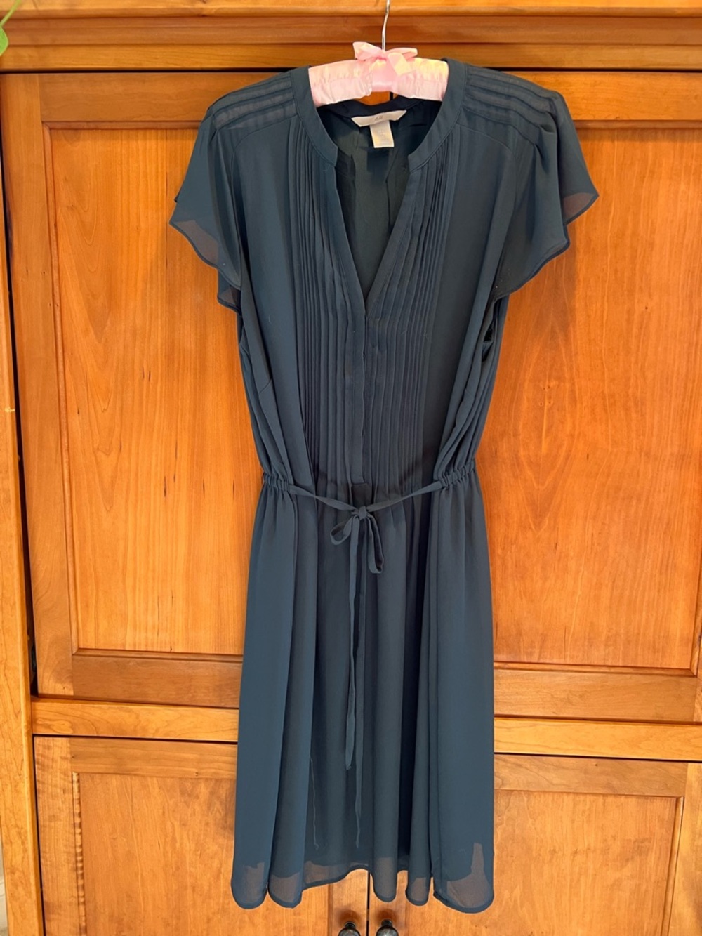 H&M Dark Teal Pleated Midi Dress with Tie Waist